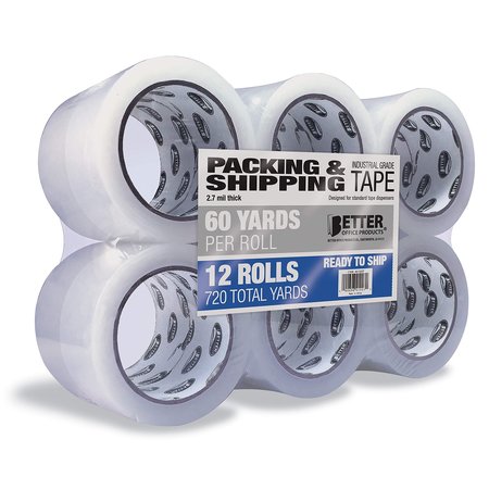 BETTER OFFICE PRODUCTS Clear Packing Tape, Industrial Grade, 2.7 mils, 1.88in. x 60 Yards/Roll, 720 Total Yards, 12PK 41227